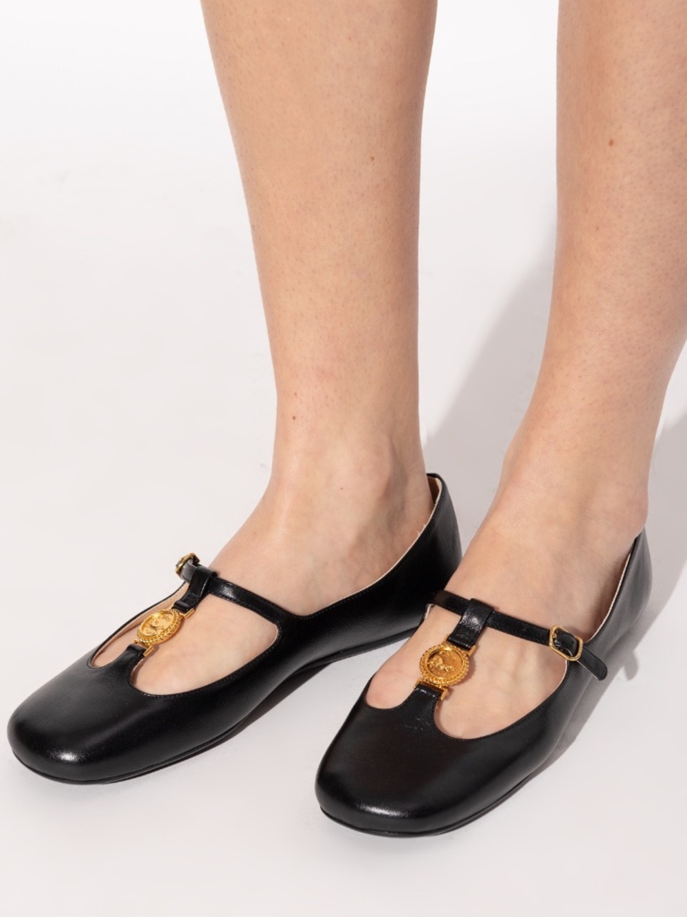 Chloé Leonore Black T Strap Gold Medallion Ballet Flats Sz. 38 Sz. 8